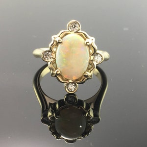 Victorian Opal Engagement Ring- 14K Yellow Gold Vintage Inspired Opal and Diamond Engagement Ring- Oval Opal Cabochon Engagement Ring