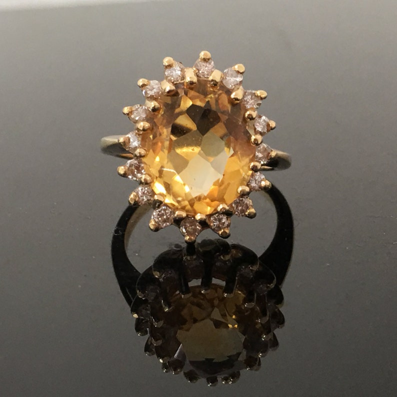 14K Yellow Gold Yellow Citrine Diamond Halo Engagement Ring | Etsy