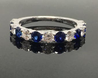 Diamond and Sapphire Platinum Anniversary Band - Platinum Diamond and Sapphire Band - Round Sapphire and Diamond 13 Stone Anniversary Band