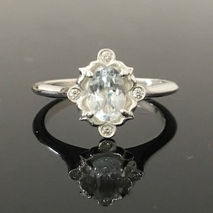 White Gold Aquamarine Engagement Ring - 14K White Gold Vintage Inspired Aquamarine Diamond Ring - Aquamarine Diamond Victorian Style Ring