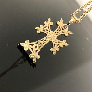 14K Yellow Gold Armenian Cross Pendant - 14K Yellow Rose White Solid Gold Traditional Armenian Cross with Chain - Armenian Baptism Gift