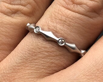 14K Geometric Diamond Wedding Band - Matte White Gold Stackable Diamonds Wedding Ring - Bezel Set Diamond Band - 14K Diamond Stacking Ring