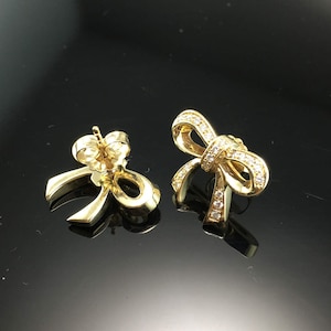 Yellow Gold Diamond Bow Earrings - 14K Yellow Gold Diamond Pave Bow Studs - Gift for Her - Fashion Bow Jewelry