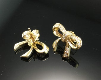 Yellow Gold Diamond Bow Earrings - 14K Yellow Gold Diamond Pave Bow Studs - Gift for Her - Fashion Bow Jewelry