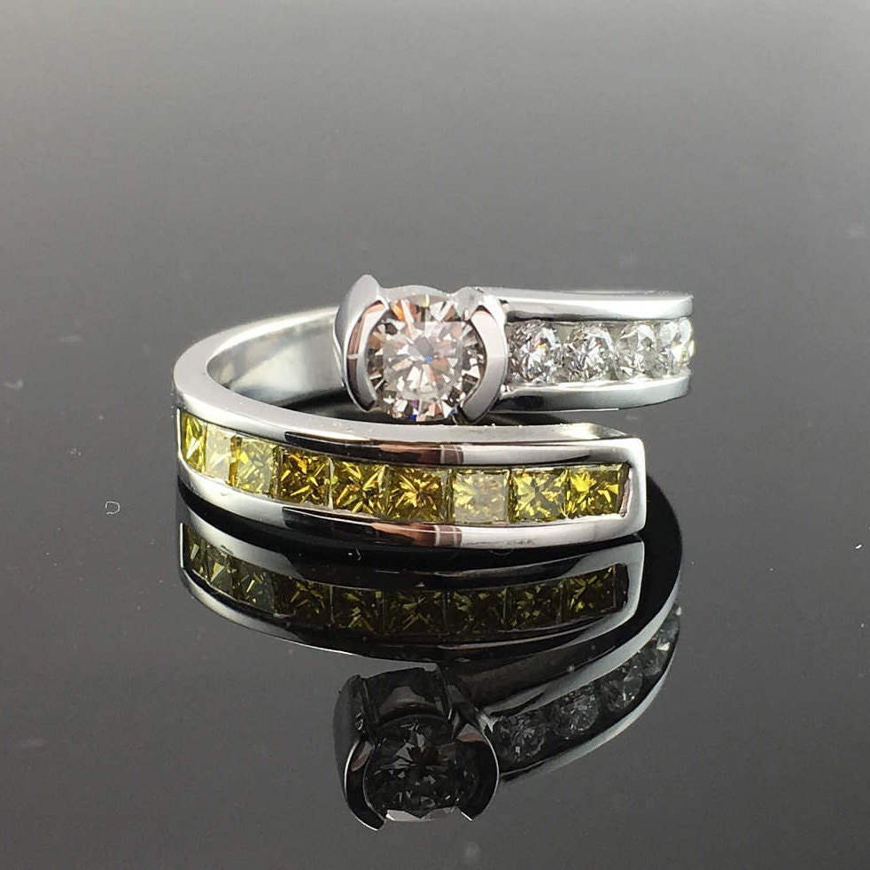 Channel Set Free Form Bypass Engagement Ring- 14K White Gold Yellow and White Diamond Modern Engagement Ring- Half Carat Engagement Ring-