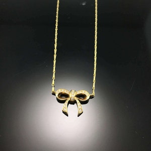 Yellow Gold and Diamond Bow Necklace- 14K Yellow Gold Diamond Bow Necklace with Granada Chain- Gold Bow Pendant Necklace- Layering Necklace