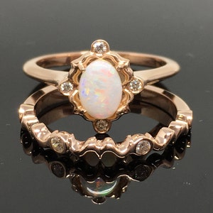 14K Rose Gold Opal Engagement Ring Matching Set - Rose Gold Vintage Inspired Opal and Diamond Bridal Set - 14K Australian Opal Ring Set
