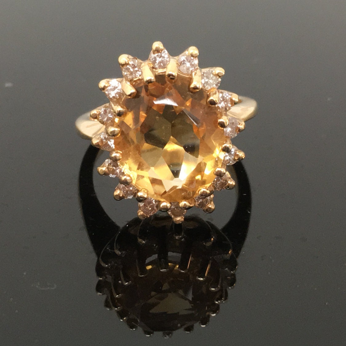 14K Yellow Gold Yellow Citrine Diamond Halo Engagement Ring | Etsy