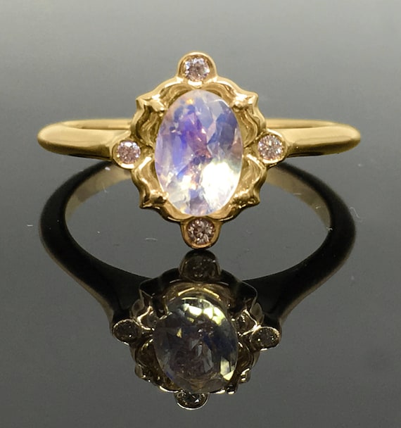 Yellow Gold Vintage Inspired Moonstone Diamond Engagement Ring , 14K Yellow Gold Victorian Moonstone Ring , Rainbow Moonstone Promise Ring