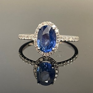 Sapphire Engagement Ring - 18K White Gold No Heat Natural Royal Blue Sapphire and Diamond Ring - Diamond Halo Sapphire Ring