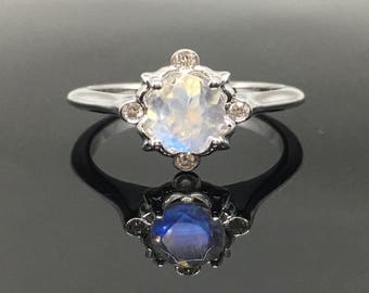 Moonstone Engagement Ring - 14K White Gold Victorian Moonstone Engagement Ring - Vintage Inspired Moonstone Ring - Rainbow Moonstone Ring
