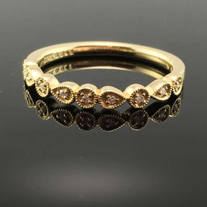 14K Yellow Gold Milgrain Diamond Wedding Band - Milgrain Stackable Diamond Ring - Yellow Gold Art Deco Diamond Band - Boho Diamond Ring