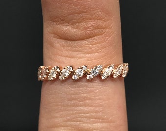 14K Rose Gold Marquise Shaped Diamond Band - Stackable Diamond Ring - Rose Gold Dainty Diamond Wedding Band - Stacking Ring