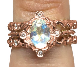 Moonstone Compromiso anillo novia conjunto de tres anillos doble banda rosa blanco amarillo oro 14K dainty victoriano arco iris luna conjunto a juego