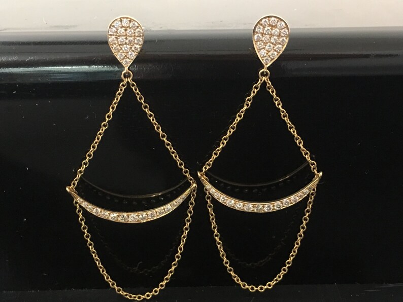14K Yellow Gold Diamond Pave Chandelier Earring Boho Chic Etsy