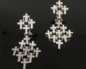 14K White Gold Diamond Cross Chandelier Earrings - White Gold Diamond Cross Dangle Earrings - 14K Diamond Cross Earrings