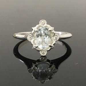 White Gold Aquamarine Engagement Ring - 18K White Gold Vintage Inspired Aquamarine Diamond Ring - Aquamarine Diamond Victorian Style Ring