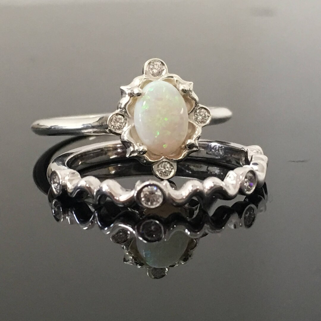 Matching Opsite Rings Sterling Silver Opal Engagement Ring Matching Set - Silver Vintage ...