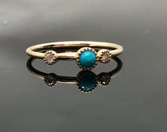 14K Yellow Gold Dainty Turquoise and Diamond Ring - Yellow Gold Bezel Set Turquoise Engagement Ring - Minimalist Stackable Turquoise Ring