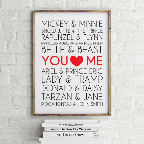 Printable Famous Disney Couples Print wall art custom names Etsy