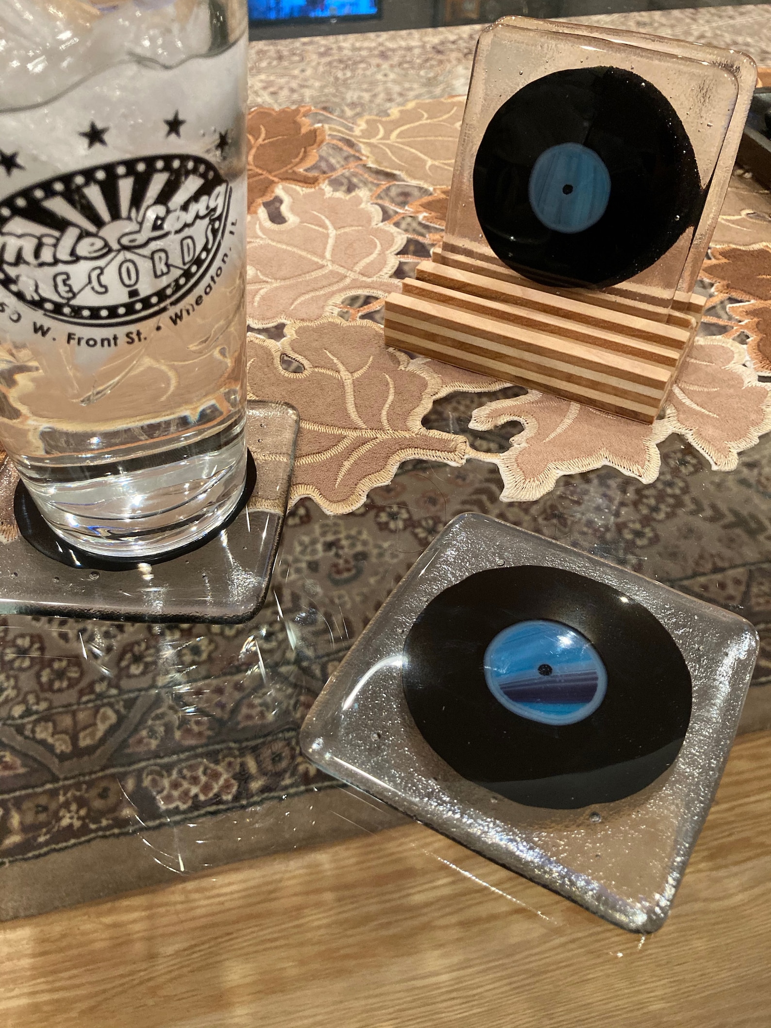 Fused Glass Vinyl Record Coasters Set of Four With Holder Etsy