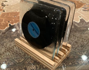 Fused Glass Vinyl Record Coasters - Set of Four with Holder