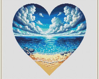 Heart Sea Cross Stitch Pattern: Watercolor Beach Scene (PDF)