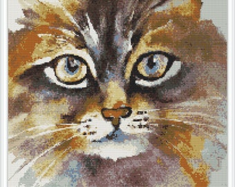Calico Cat cross stitch pattern, waterlor cross stitch pattern, PDF instant download, handmade design, cross stitch pattern, orange cat #455