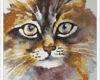 三毛猫の水彩クロスステッチパターン - デザインサイズ：200 x 200