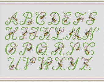 Bee alphabet cross stitch patterns, cross stitch fonts, alphabet engraved abc, letters lettering text,  characters cross stitch pattern #146