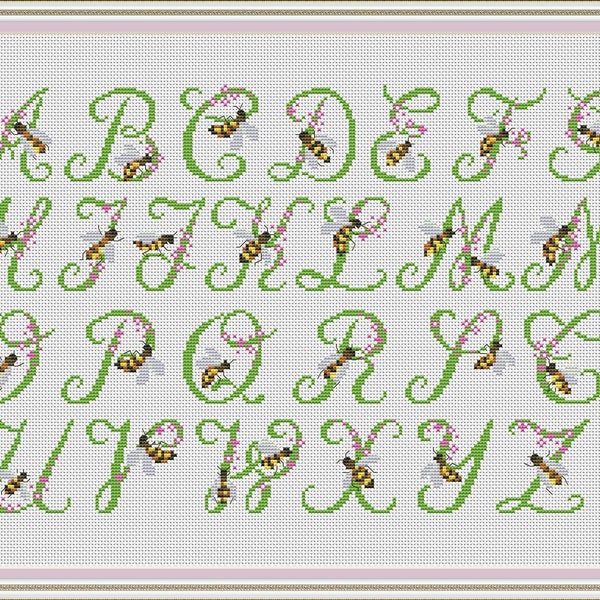 Bee alphabet cross stitch patterns, cross stitch fonts, alphabet engraved abc, letters lettering text,  characters cross stitch pattern #146