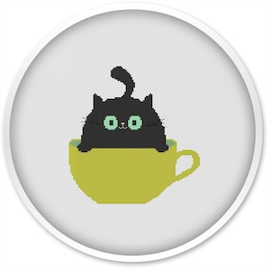 Black Cat in Cup Cross Stitch Pattern: Modern Handmade Design (PDF Download)