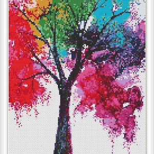 Watercolor Tree Cross Stitch Pattern: Colorful Foliage (PDF Pattern)