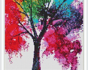 Watercolor Tree Cross Stitch Pattern: Colorful Foliage (PDF Pattern)