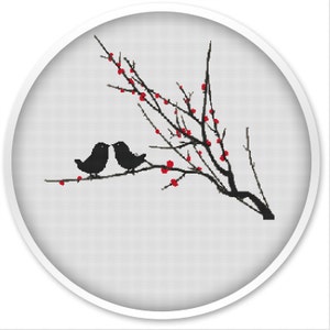 Vögel auf Baum Kreuzstich-Muster: Liebesvögel PDF (Digitaler Download)