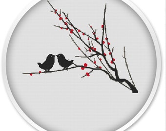 Birds on Tree Cross Stitch Pattern, Love Birds PDF scheme (Digital Download), Winter Birds cross stitching