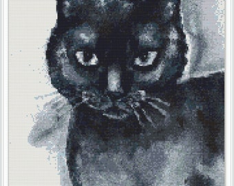 Black Cat cross stitch pattern, modern cross stitch pattern, PDF instant download, handmade design, watercolour cat stitching, black cat#444