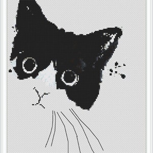 猫の黒と白のクロスステッチ パターン、モダンな水彩画のクロスステッチ パターン、PDF の即時ダウンロード、手作りデザイン、黒猫 #430