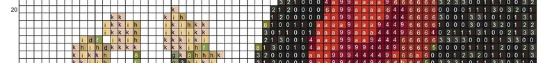 May include: A cross-stitch pattern with a colorful design of a red, orange, and yellow flower with green leaves. The pattern is on a white grid background.