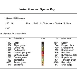 May include: A cross stitch pattern chart with instructions and a symbol key. The chart lists 14 DMC colors with their corresponding numbers and names. The chart is for a project that is 168 stitches wide by 161 stitches high, and measures 12 inches by 11.5 inches.