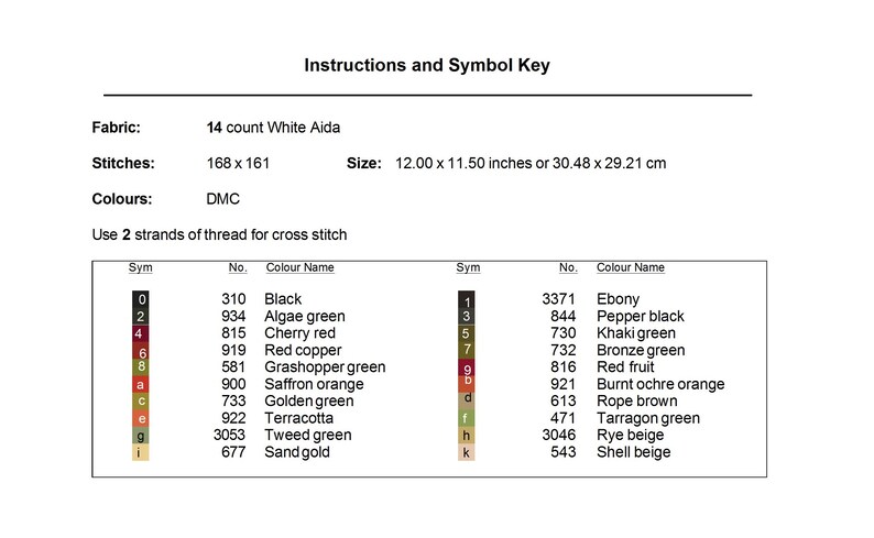 May include: A cross stitch pattern chart with instructions and a symbol key. The chart lists 14 DMC colors with their corresponding numbers and names. The chart is for a project that is 168 stitches wide by 161 stitches high, and measures 12 inches by 11.5 inches.