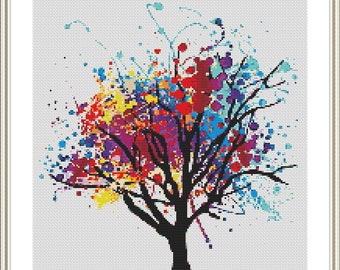 Watercolor Tree Cross Stitch Pattern: Colorful Modern Design (PDF Pattern)