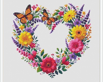Floral Heart Wreath Cross Stitch Pattern: Abstract Flowers (PDF Pattern)