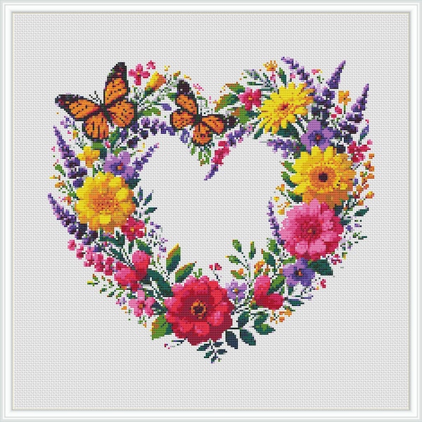 Floral Heart Wreath Cross Stitch Pattern: Abstract Flowers (PDF Pattern)