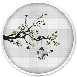 Birds cross stitch patterns, tree cross stitch, cross stitch pdf, cross stitch pattern love, birds on tree pdf pattern #020