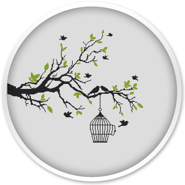 Vögel auf Baum Kreuzstich-Muster: Liebesvögel PDF (Digitaler Download)
