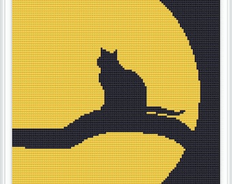 Black Cat & Moon Cross Stitch Pattern: Modern Animal Design (PDF Download)