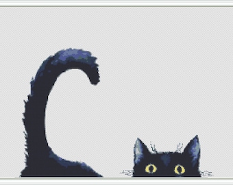 Black Cat Cross Stitch Pattern| Peekaboo Kitten (PDF Download)| Animal scheme| easy stitching handmade