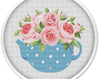 Flowers Cross Stitch Pattern, Cross stitch PDF, Cute thing, Watercolor Cross stitch pattern, teapot kitchen cross stitch pattern #446