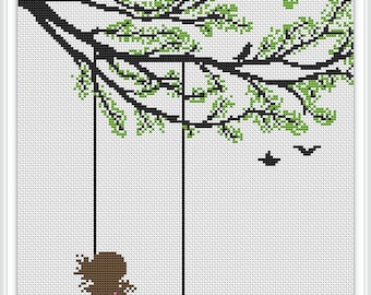 Girl on Swing Cross Stitch Pattern: Tree Birds Love (PDF Pattern)